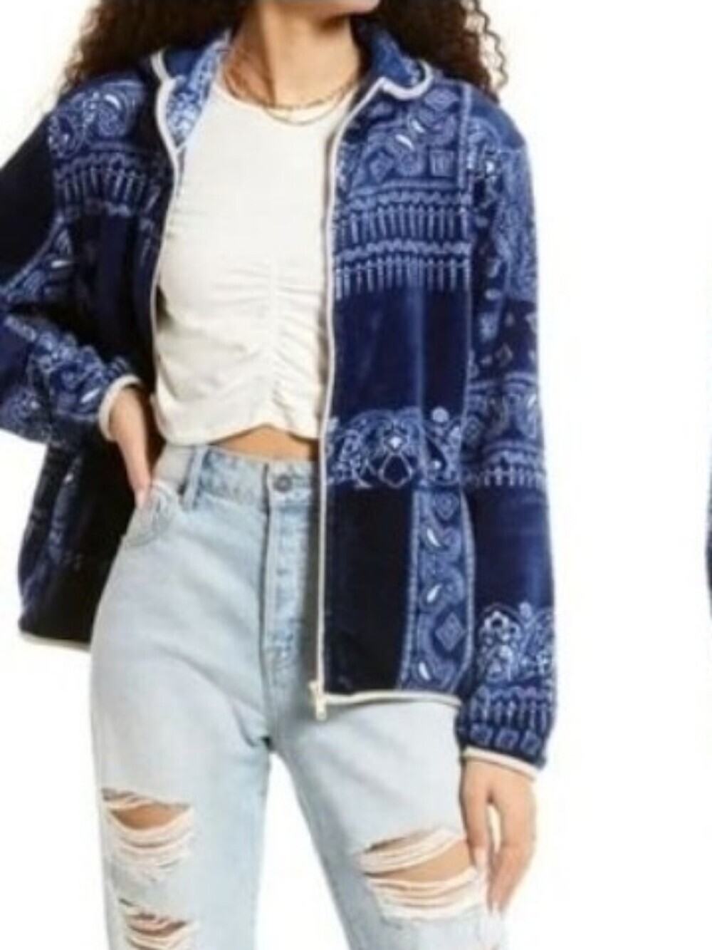 Nordstrom BP Faux Shearling Plush Fleece Blue Bandana Paisley Print Jacket Med